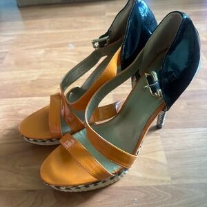 What's Hot Sandals Womens 9‎ Orange Black Patent Woven Stiletto Platform Heels
